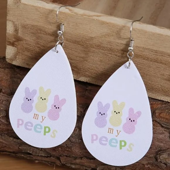 NWT EASTER BUNNIES PASTEL COLORS MY PEEPS FAUX LEATHER DANGLE PIERCED EARRINGS - Picture 4 of 5